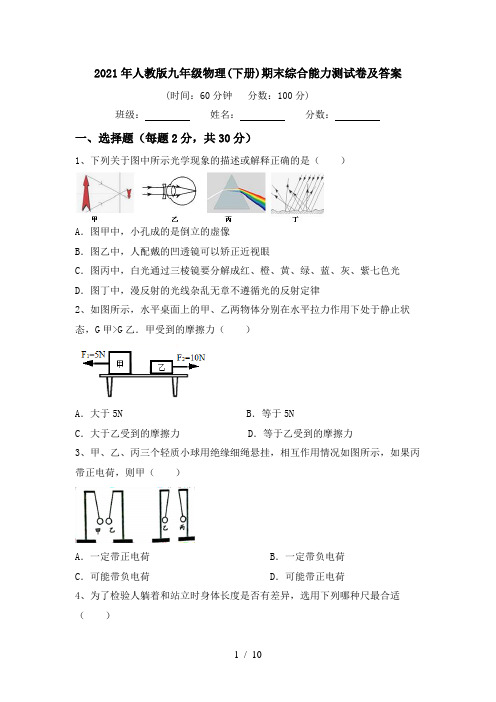 2021年人教版九年级物理(下册)期末综合能力测试卷及答案