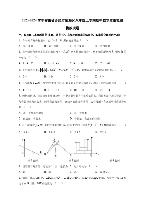 2023-2024学年安徽省合肥市瑶海区八年级上学期期中数学质量检测模拟试题(含解析)