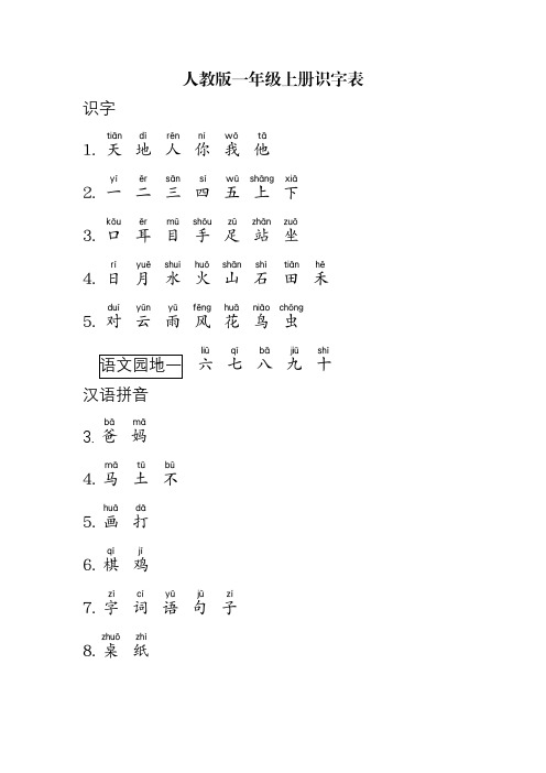 人教版一年级上册识字表