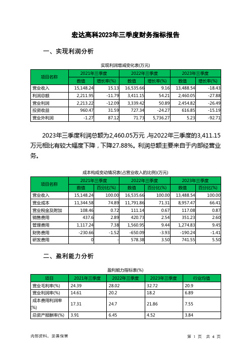 002144宏达高科2023年三季度财务指标报告