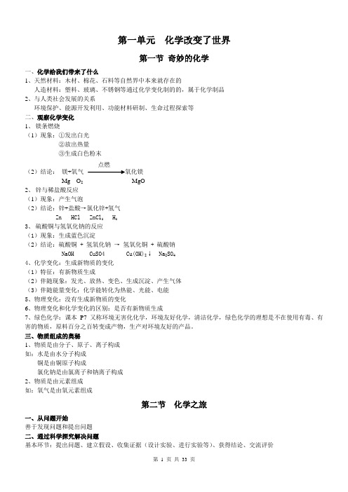 鲁教版化学全册知识点