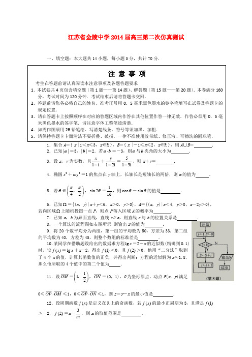 江苏省金陵中学2014届高三数学第二次仿真测试苏教版