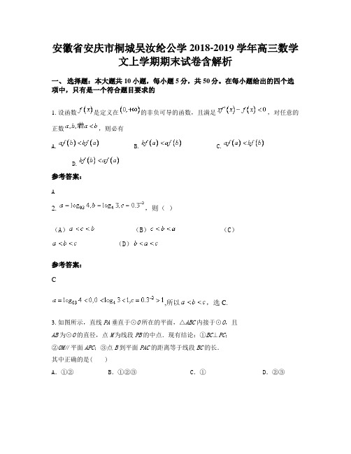 安徽省安庆市桐城吴汝纶公学2018-2019学年高三数学文上学期期末试卷含解析