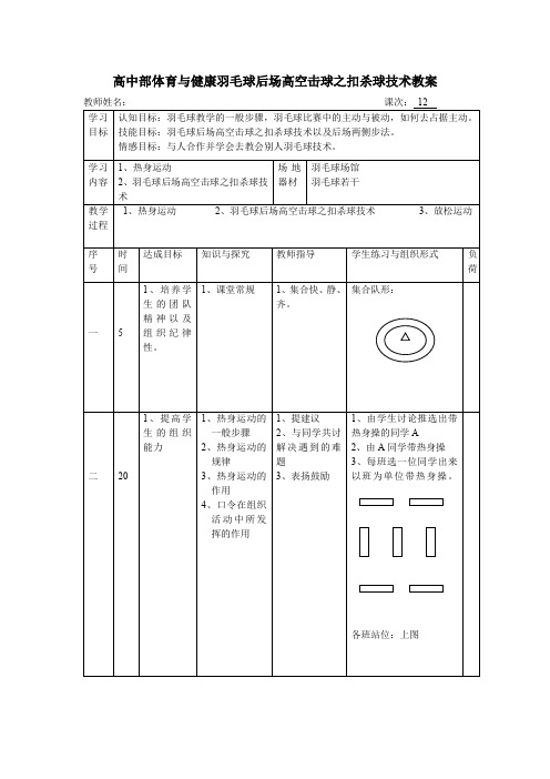 高中部体育与健康羽毛球后场高空击球之扣杀球技术教案