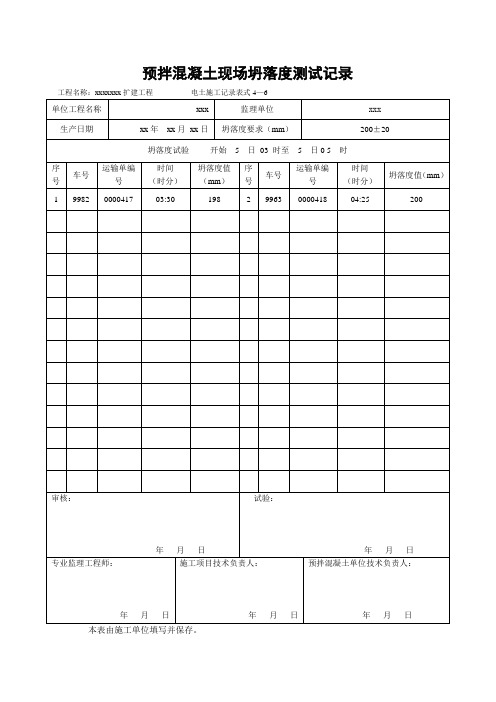 预拌混凝土现场坍落度测试记录