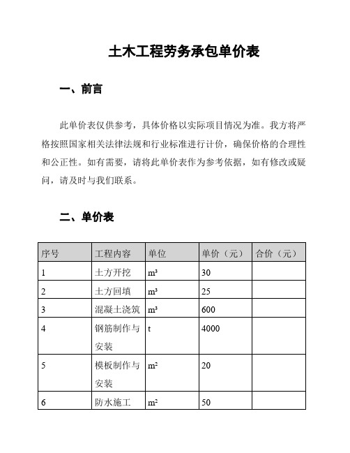 土木工程劳务承包单价表