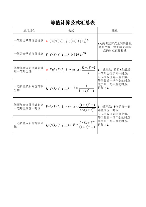 等值计算公式