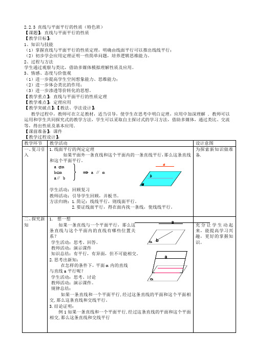 直线与平面平行的性质 优秀教案