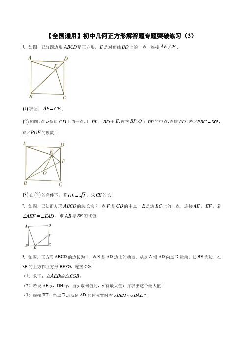 【全国通用】初中几何正方形解答题专题突破练习(3)