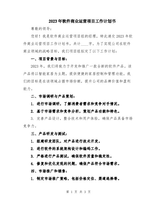 2023年软件商业运营项目工作计划书