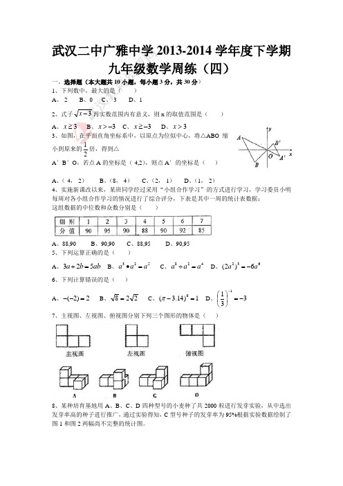 武汉二中广雅中学2013-2014学年度下学期九年级数学周练(四)(word版)