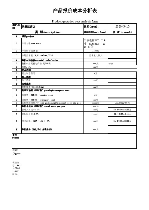 中英文产品成本分析表