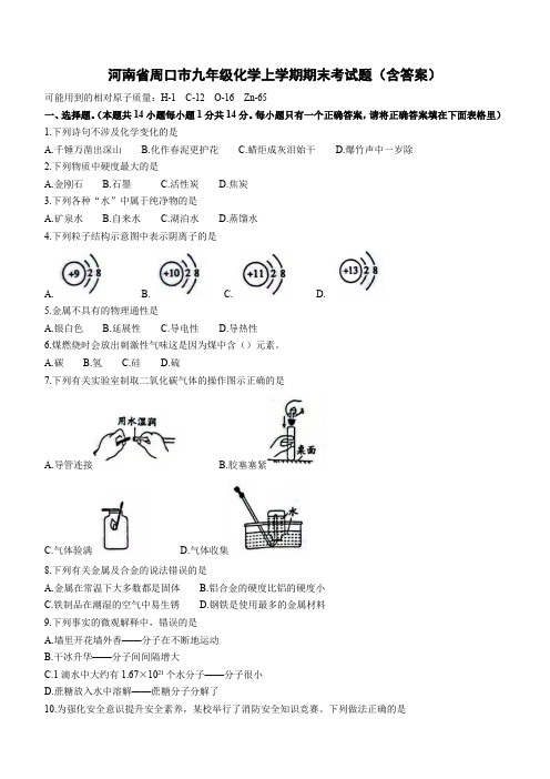 河南省周口市九年级化学上学期期末考试题(含答案)