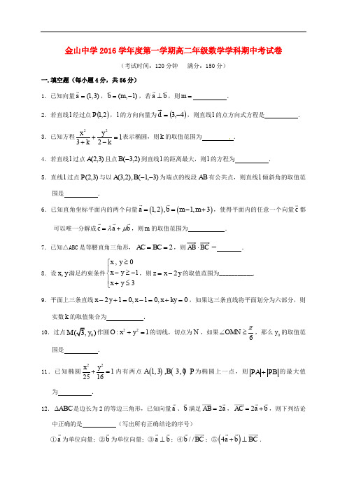 上海市金山中学高二数学上学期期中试题