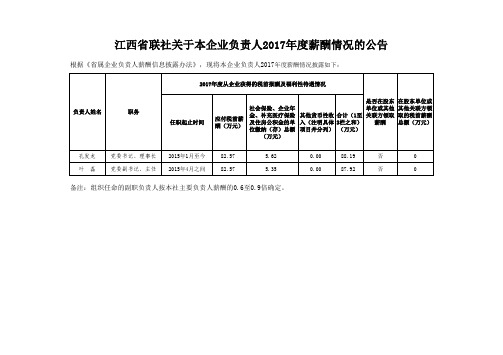 江西省联社关于本企业负责人2017年度薪酬情况的公告