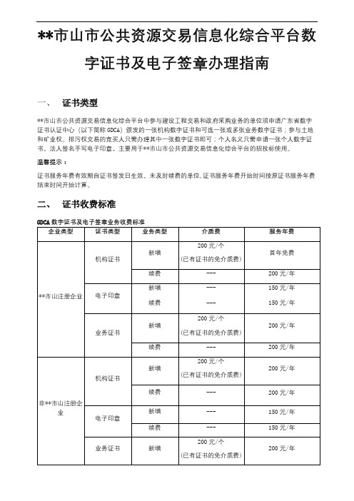 佛山市公共资源交易信息化综合平台数字证书及电子签章办理指南【模板】