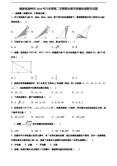 福建省漳州市2020年八年级第二学期期末教学质量检测数学试题含解析