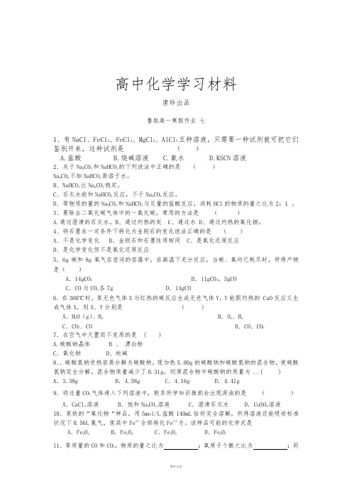 鲁科版高中化学必修一高一化学寒假作业7.docx