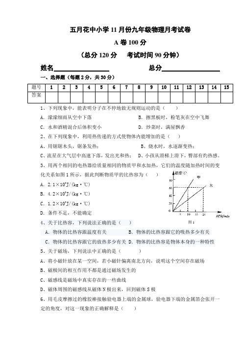 九年级物理上册11月份月考试题