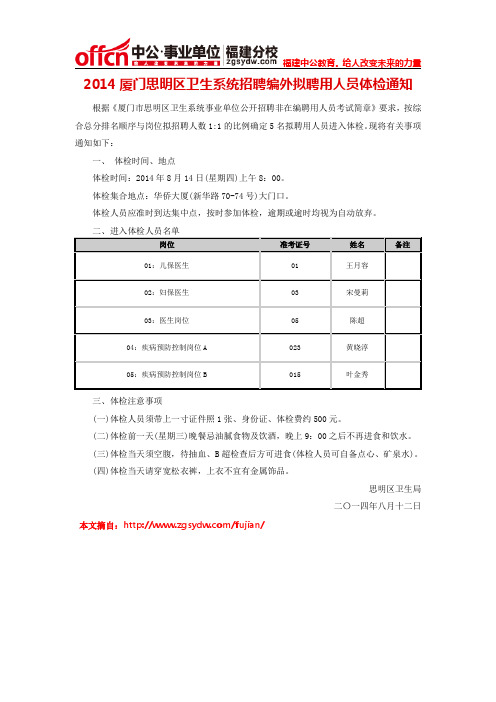 2014厦门思明区卫生系统招聘编外拟聘用人员体检通知