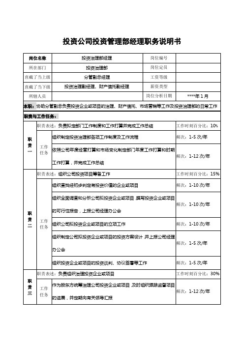 投资公司投资管理部经理职务说明书