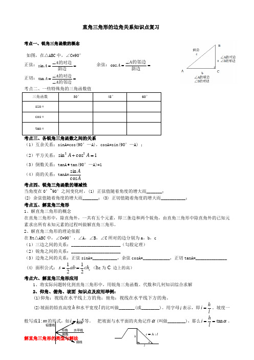 北师大版数学九年级下册：第一章《直角三角形的边角关系》知识点整理复习