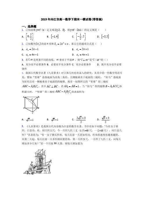 2019年内江市高一数学下期末一模试卷(带答案)