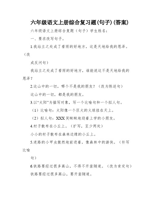 六年级语文上册综合复习题(句子)(答案)