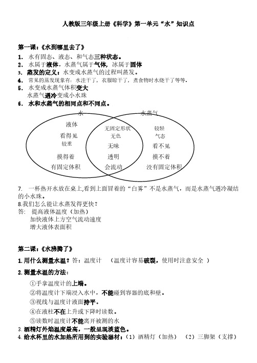 人教版三年级上册《科学》第一单元“水”知识点