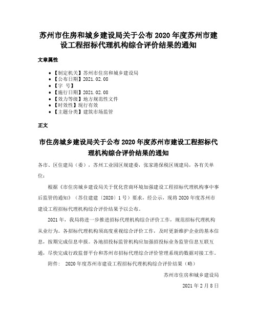 苏州市住房和城乡建设局关于公布2020年度苏州市建设工程招标代理机构综合评价结果的通知