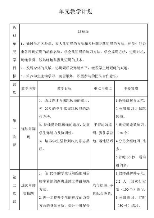 跳短绳单元教学计划及教学设计