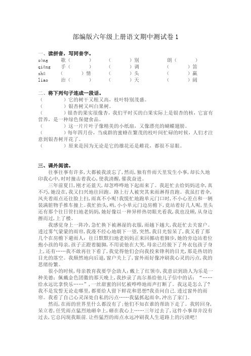 部编版六年级上册语文期中基础知识、阅读理解(共6套)