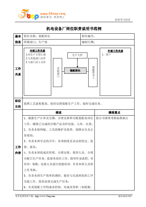 装配班长岗位职责说明书