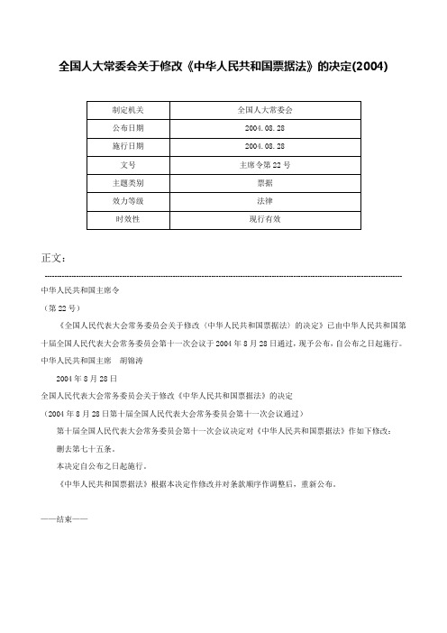 全国人大常委会关于修改《中华人民共和国票据法》的决定(2004)-主席令第22号