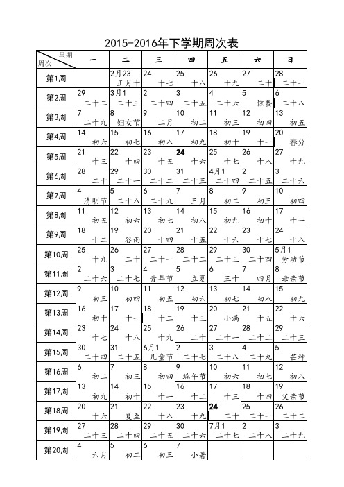 2015-2016年下学期周次表(第二学期)