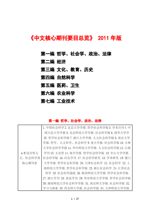 《中文核心期刊要目总览》2011年版