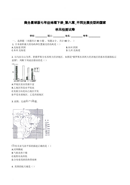 商务星球版七年级地理下册_第八章_不同类型的国家_单元检测试卷(有答案)