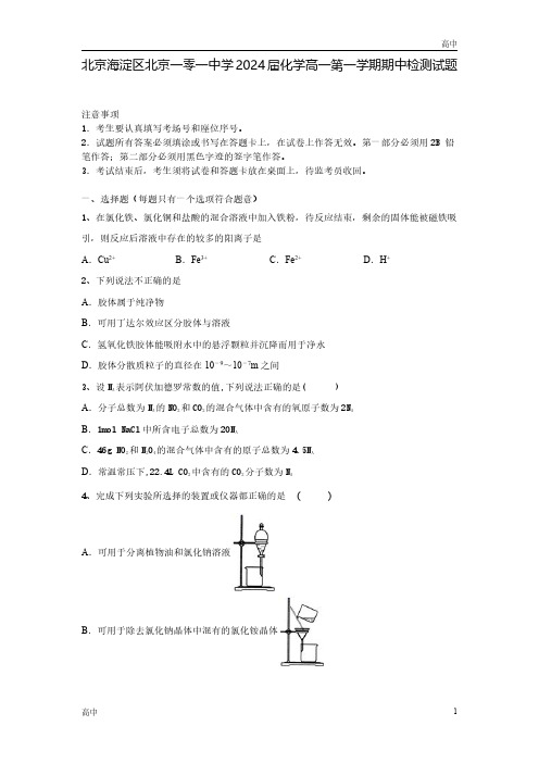 2023-2024学年北京海淀区一零一中学高一上学期期中化学试题含答案解析