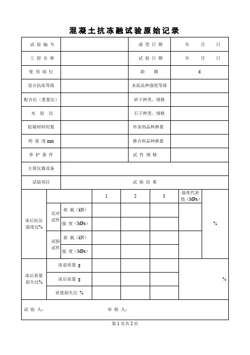 混凝土抗冻融试验原始记录