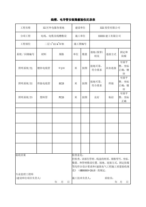 线槽、电导管安装隐蔽验收纪录表