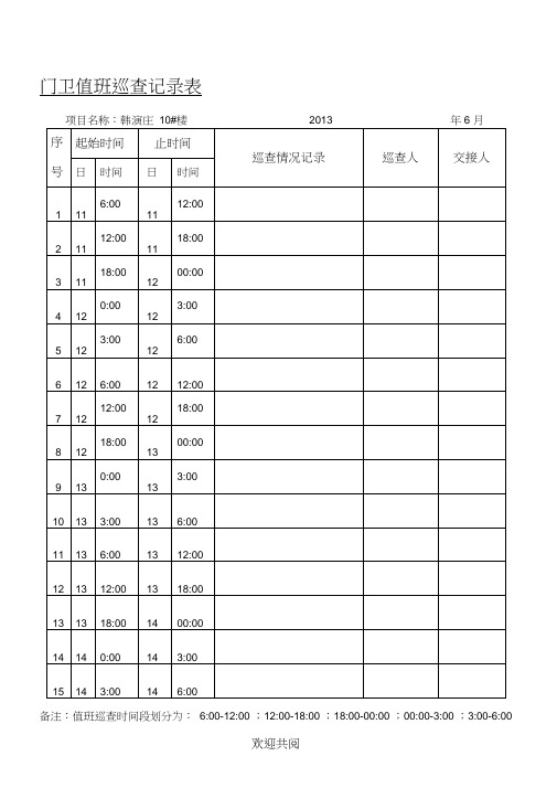 门卫值班巡查记录表格模板