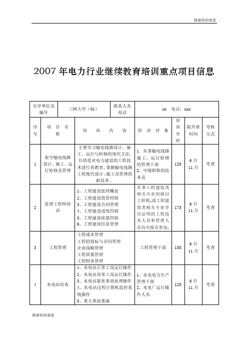 2007年电力行业继续教育培训重点项目信息 .doc