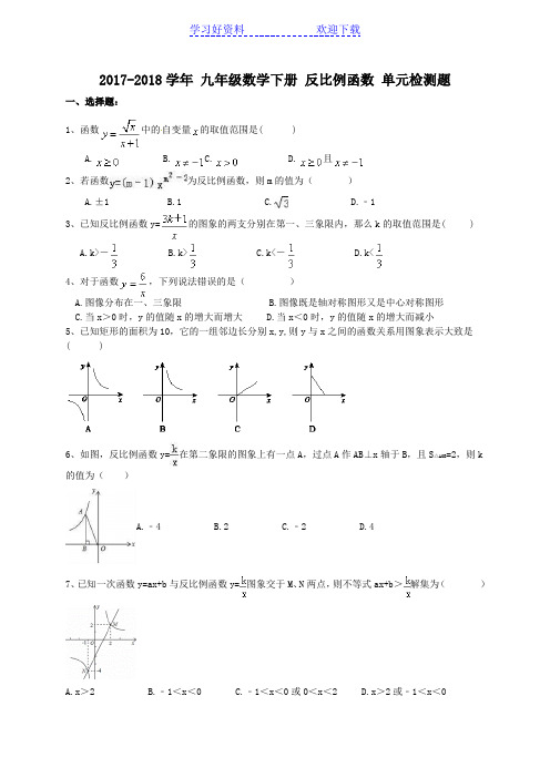 九年级数学下册 反比例函数 单元检测题(含答案)