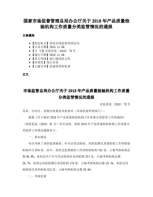 国家市场监督管理总局办公厅关于2018年产品质量检验机构工作质量分类监管情况的通报