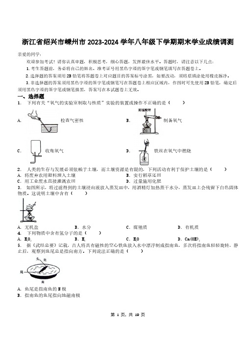 浙江省绍兴市嵊州市2023-2024学年八年级下学期期末学业成绩调测