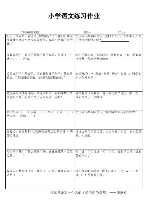 小学六年级语文课堂自评训练 (2)