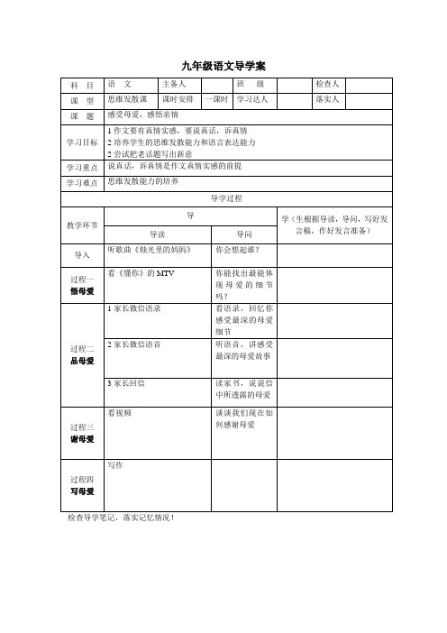 九年级语文《感受母爱导学案 》教案