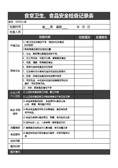 学校食堂卫生检查记录表EXCEL模板