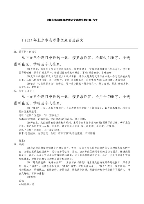 全国各地2023年高考语文试卷分类汇编：作文