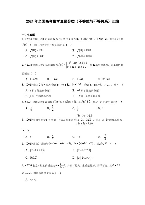 2024年全国高考数学真题分类( 不等式与不等关系)汇编(附答案)